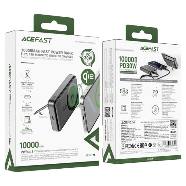 Зовнішній акумулятор ACEFAST M11 PD30W Qi2 magnetic wireless charging power bank 10000 mAh Black (6974316282341)