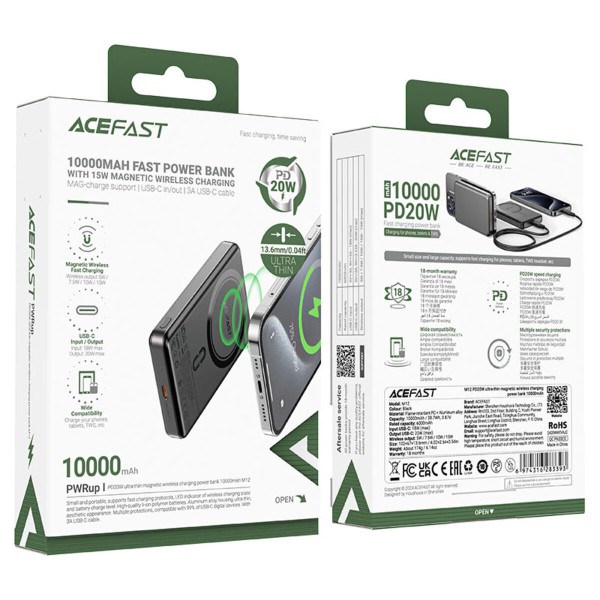 Зовнішній акумулятор ACEFAST M12 PD20W ultra-thin magnetic wireless charging power bank 10000mAh, Black (6974316283393)