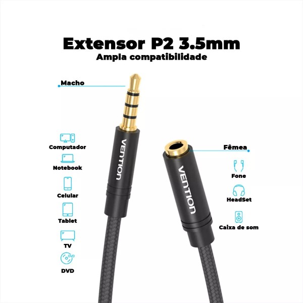 Аудіокабель подовжувач Vention Cotton Braided 3.5mm Audio Extension Cable 0.5M Black Metal Type (BHBBD)