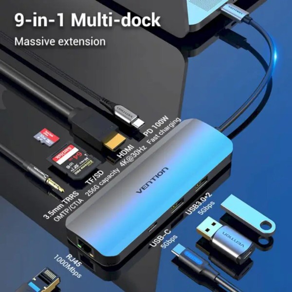 USB-хаб Vention Multi-function USB-C to HDMI/USB-C Gen 1/USB3.0x2/RJ45/SD/TF/TRRS 3.5mm/PD Docking Station 0.15M Gray Aluminum (TOMHB)