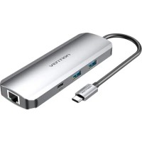 USB-хаб Vention Multi-function USB-C to HDMI/USB-C Gen 1/USB3.0x2/RJ45/SD/TF/TRRS 3.5mm/PD Docking Station 0.15M Gray Aluminum (TOMHB)