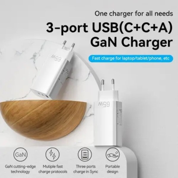 Мережевий зарядний пристрій Vention 3-port USB(C+C+A) GaN Charger(65W/30W/30W) EU-Plug White (FEDW0-EU)