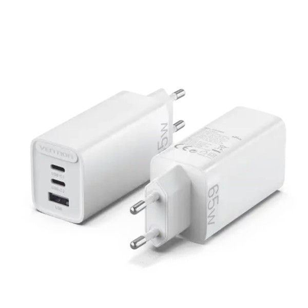 Мережевий зарядний пристрій Vention 3-port USB(C+C+A) GaN Charger(65W/30W/30W) EU-Plug White (FEDW0-EU)