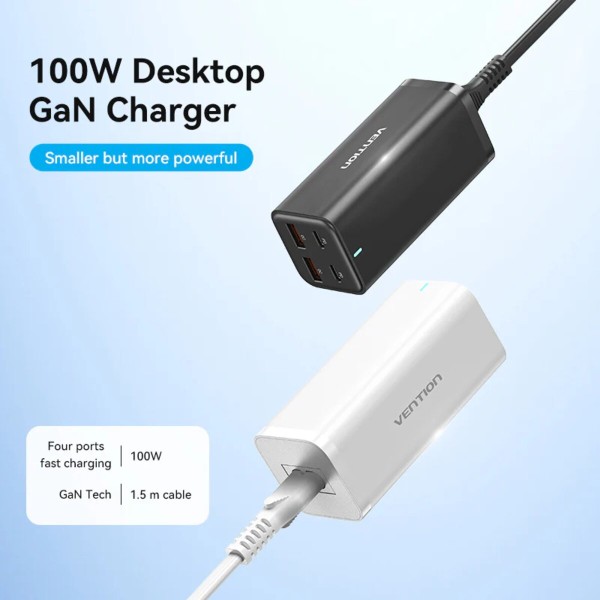 Мережевий зарядний пристрій Vention 4-Port USB (C + C + A + A) GaN Charger (100W/100W/18W/18W) EU-Plug Black (FBSBG-EU)