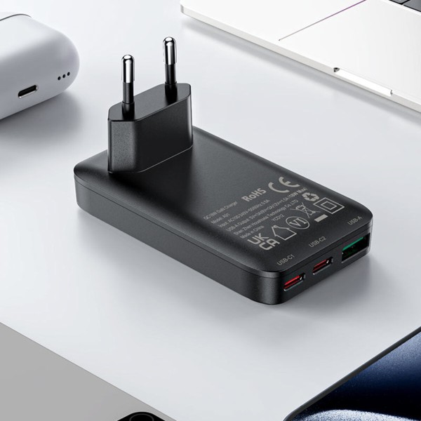 Мережевий зарядний пристрій ACEFAST A100 PD65W GaN 2C+A ultra-thin Charger Black (6974316283492)