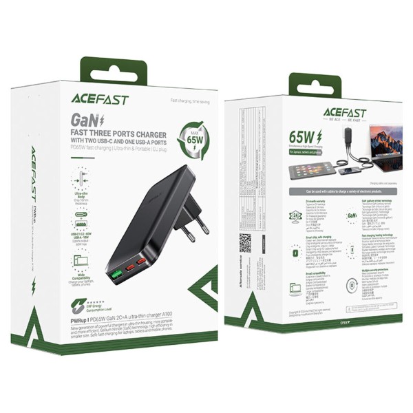 Мережевий зарядний пристрій ACEFAST A100 PD65W GaN 2C+A ultra-thin Charger Black (6974316283492)