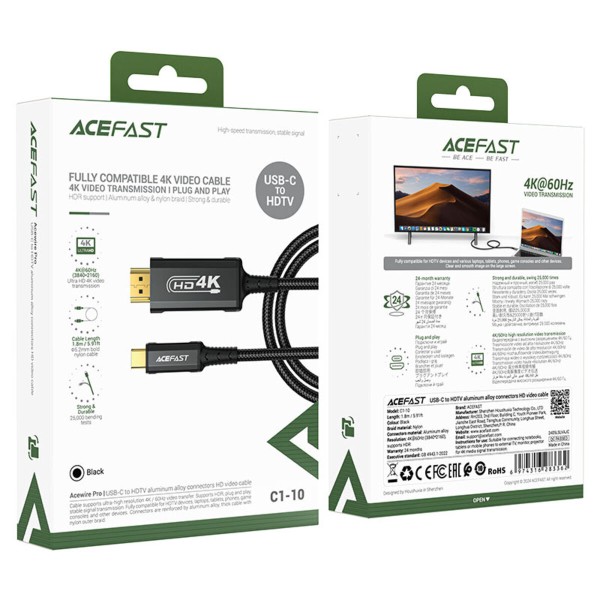 Кабель ACEFAST C20-04 USB-A to USB-C aluminum alloy charging data cable Black (6974316283782)