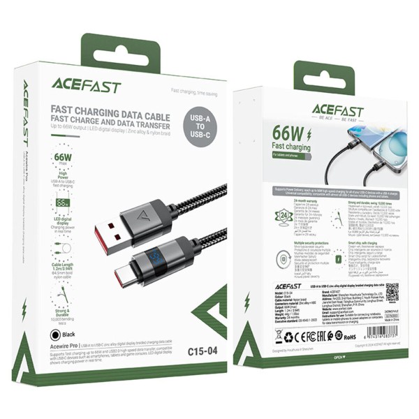 Кабель ACEFAST C15-04 USB-A to USB-C zinc alloy digital display braided charging data cable Black (6974316283737)