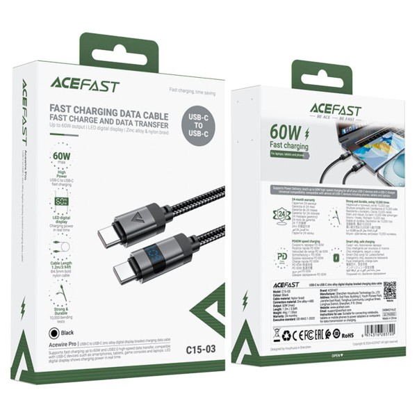 Кабель ACEFAST C15-03 USB-C to USB-C zinc alloy digital display braided charging data cable Black (6974316283720)