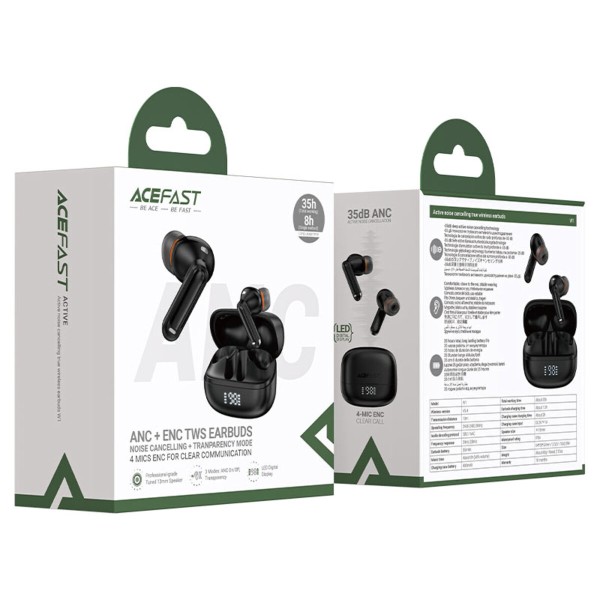 Бездротові навушники ACEFAST W1 Active Noise Cancelling true wireless earbuds Black (6974316283614)