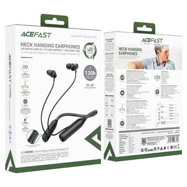 Бездротові навушники ACEFAST N4 neck hanging wireless earphones Black (6974316283607)