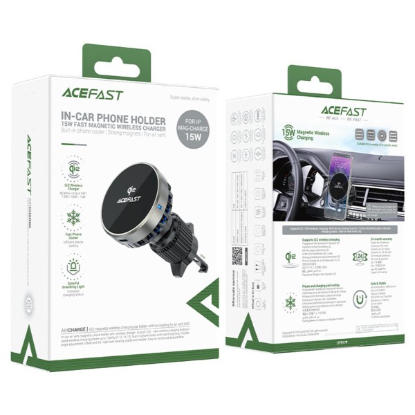 Автотримач для телефона ACEFAST D40 Qi2 Magnetic Wireless Charging car holder with Ice Cooling for air vent Metal gray (6974316283751)