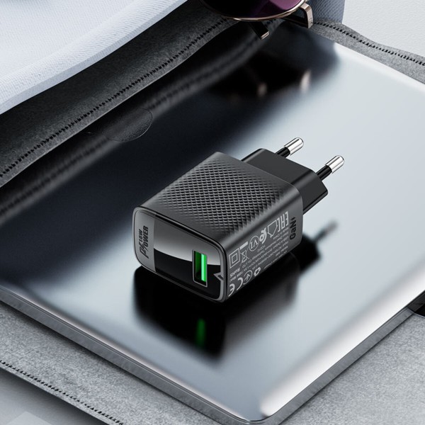 Мережевий зарядний пристрій ACEFAST A90 QC18W GaN single USB-A charger set (P3) (EU) Black (6974316280064)