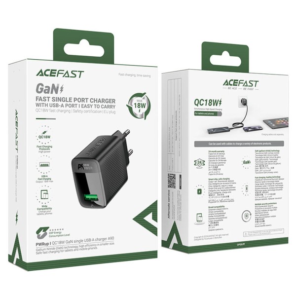 Мережевий зарядний пристрій ACEFAST A90 QC18W GaN single USB-A charger set (P3) (EU) Black (6974316280064)