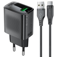 Мережевий зарядний пристрій ACEFAST A90 QC18W GaN single USB-A charger set (P3) (EU) Black (6974316280064)