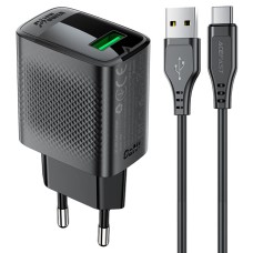 Мережевий зарядний пристрій ACEFAST A90 QC18W GaN single USB-A charger set (P3) (EU) Black (6974316280064)