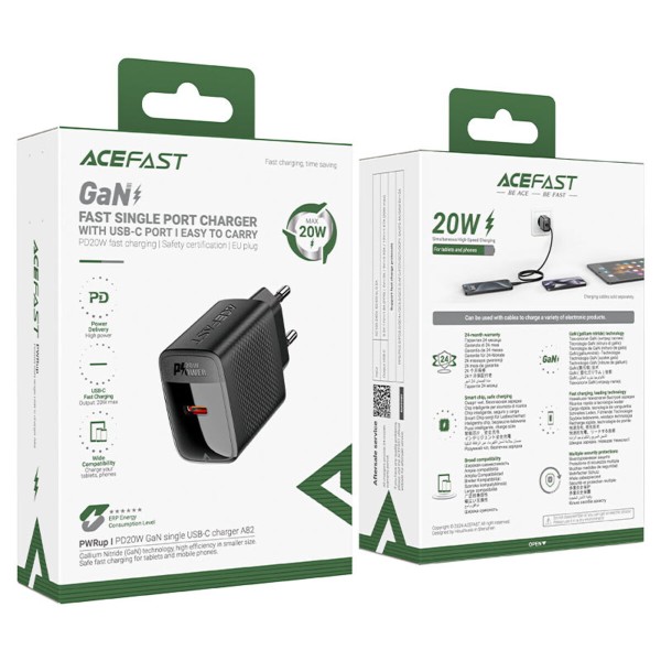 Мережевий зарядний пристрій ACEFAST A82 PD20W GaN single USB-C charger set (P5) (EU) Black (6974316280057)