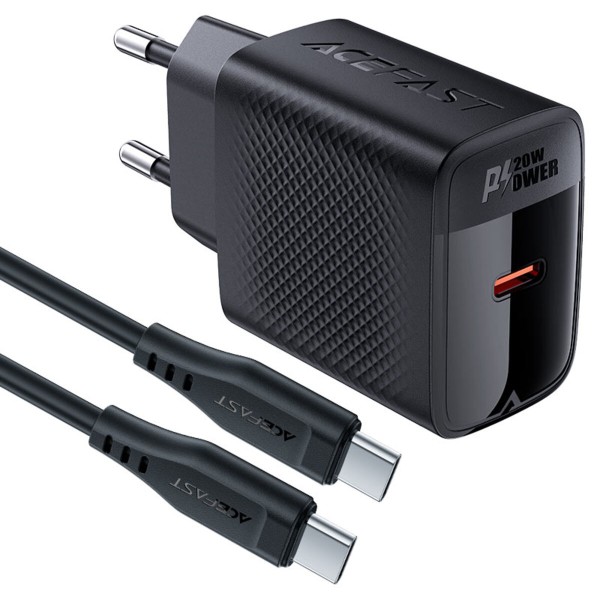Мережевий зарядний пристрій ACEFAST A82 PD20W GaN single USB-C charger set (P5) (EU) Black (6974316280057)