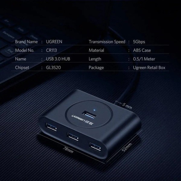 USB-хаб UGREEN USB 3.0 Hub 0.5m (Black) (UGR-20290)