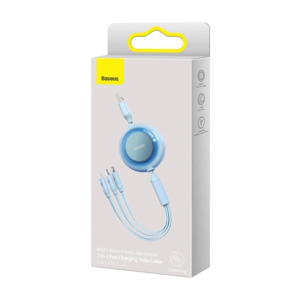 Кабель Baseus Bright Mirror 2 Series Retractable 3-in-1 Fast Charging  Data Cable USB to M+L+C 3.5A 1.1m Sky Blue (CAMJ010017)