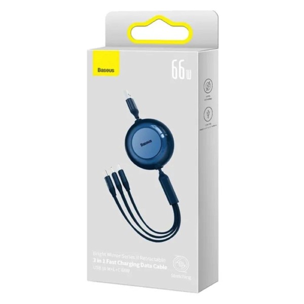 Кабель Baseus Bright Mirror 2 Series Retractable 3-in-1 Fast Charging  Data Cable USB to M+L+C 66W 1.1m Blue (CAMJ010103)