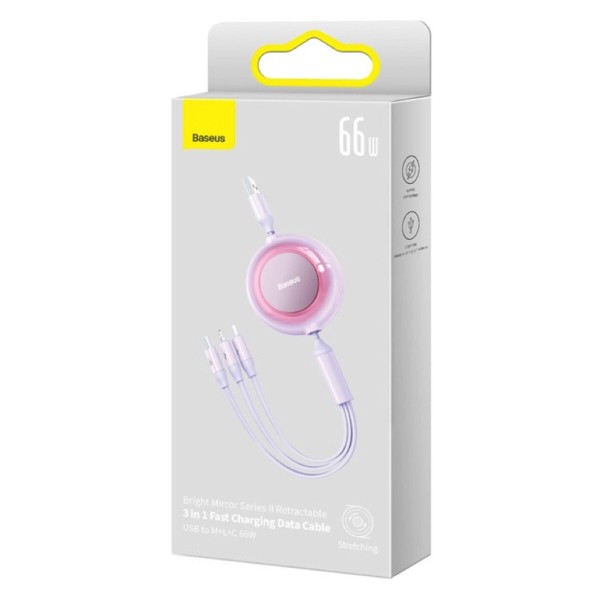Кабель Baseus Bright Mirror 2 Series Retractable 3-in-1 Fast Charging  Data Cable USB to M+L+C 66W 1.1m Purple (CAMJ010105)
