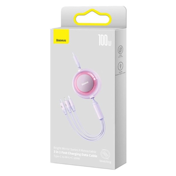 Кабель Baseus Bright Mirror 2 Series Retractable 3-in-1 Fast Charging  Data Cable Type-C to M+L+C 100W 1.1m Purple (CAMJ010205)