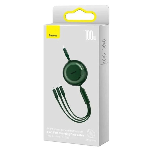 Кабель Baseus Bright Mirror 2 Series Retractable 3-in-1 Fast Charging  Data Cable Type-C to M+L+C 100W 1.1m Green (CAMJ010206)
