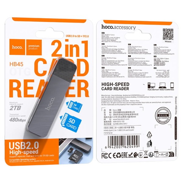 Кардрідер HOCO HB45 Spirit 2-in-1 USB 2.0 card reader Metal Gray (6942007620499)