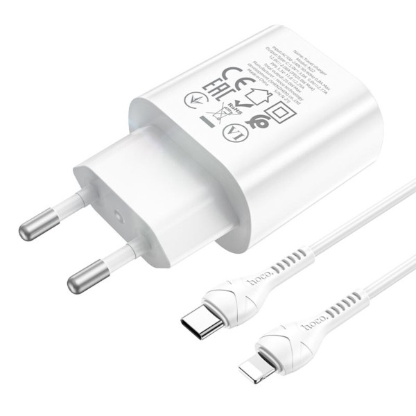 Мережевий зарядний пристрій HOCO N22 Jetta PD25W charger set (Type-C to iP)(EU) White (6931474760074)