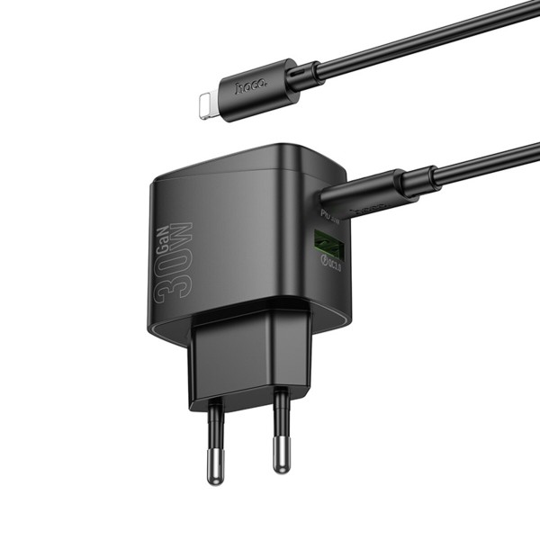 Мережевий зарядний пристрій HOCO CS61A Bright PD30W+QC3.0 charger set (C to iP)(EU) Black (6942007638432)