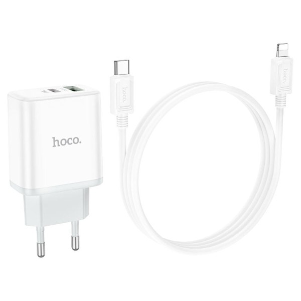 Мережевий зарядний пристрій HOCO C105A Stage dual port PD20W+QC3.0 charger set (C to iP)(EU) White (6931474782939)