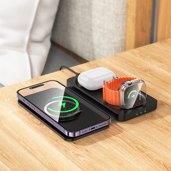 Бездротовий зарядний пристрій HOCO CQ13 Triumph 3-in-1 travel folding wireless fast charger Black (6942007635509)