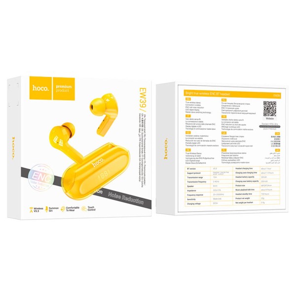 Бездротові навушники HOCO EW39 Bright true wireless ENC BT headset Yellow (6931474794628)