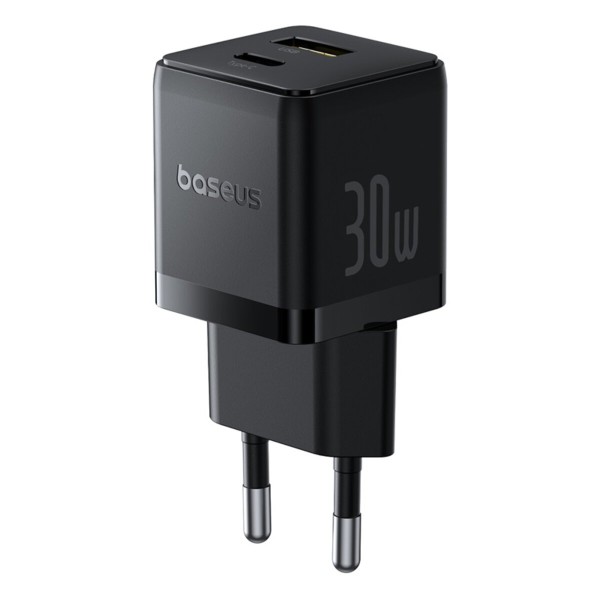 Мережевий зарядник пристрій Baseus Palm Fast Charger C+U 30W EU Cluster Black (with Baseus Mini White Cable USB-C to USB-C 60W (20V/3A) 1m) (P1011160A113-01)