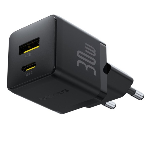 Мережевий зарядник пристрій Baseus Palm Fast Charger C+U 30W EU Cluster Black (with Baseus Mini White Cable USB-C to USB-C 60W (20V/3A) 1m) (P1011160A113-01)