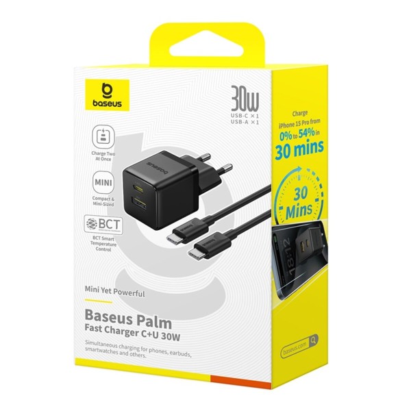 Мережевий зарядник пристрій Baseus Palm Fast Charger C+U 30W EU Cluster Black (with Baseus Mini White Cable USB-C to USB-C 60W (20V/3A) 1m) (P1011160A113-01)