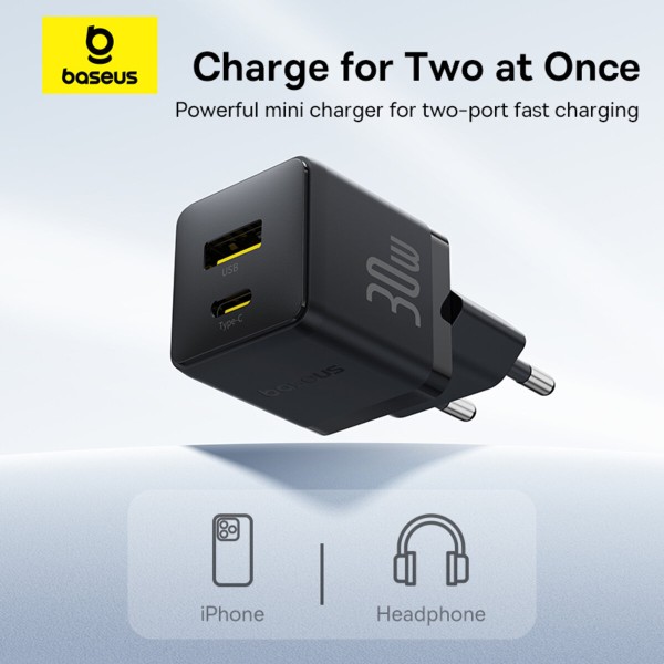Мережевий зарядник пристрій Baseus Palm Fast Charger C+U 30W EU Cluster Black (with Baseus Mini White Cable USB-C to USB-C 60W (20V/3A) 1m) (P1011160A113-01)