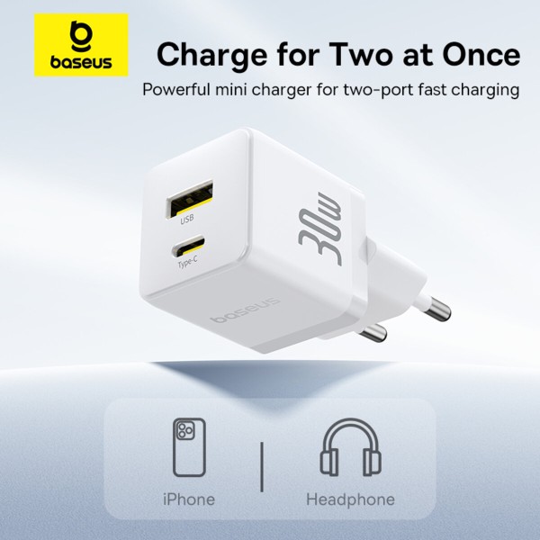 Мережевий зарядник пристрій Baseus Palm Fast Charger C+U 30W EU Moon White (with Baseus Mini White Cable USB-C to USB-C 60W (20V/3A) 1m Moon White) (P1011160A213-01)