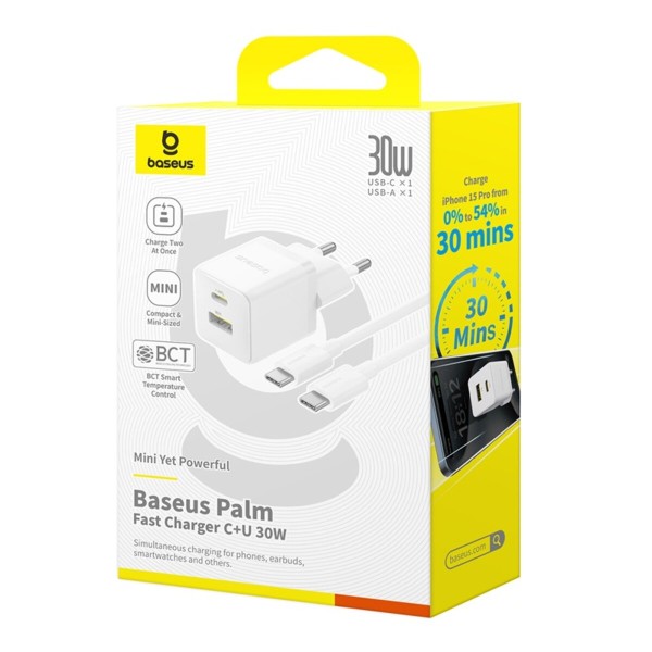 Мережевий зарядник пристрій Baseus Palm Fast Charger C+U 30W EU Moon White (with Baseus Mini White Cable USB-C to USB-C 60W (20V/3A) 1m Moon White) (P1011160A213-01)