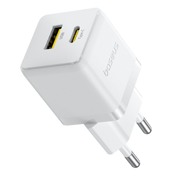 Мережевий зарядник пристрій Baseus Palm Fast Charger C+U 30W EU Moon White (with Baseus Mini White Cable USB-C to USB-C 60W (20V/3A) 1m Moon White) (P1011160A213-01)