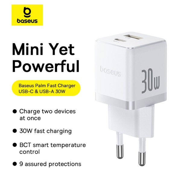 Мережевий зарядник пристрій Baseus Palm Fast Charger C+U 30W EU Moon White (with Baseus Mini White Cable USB-C to USB-C 60W (20V/3A) 1m Moon White) (P1011160A213-01)