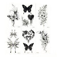 Набор временных тату «Бабочки и цветы №2» black-tattoo-mini-set-f02 из 6 черных по 9,5 х 5,5 см