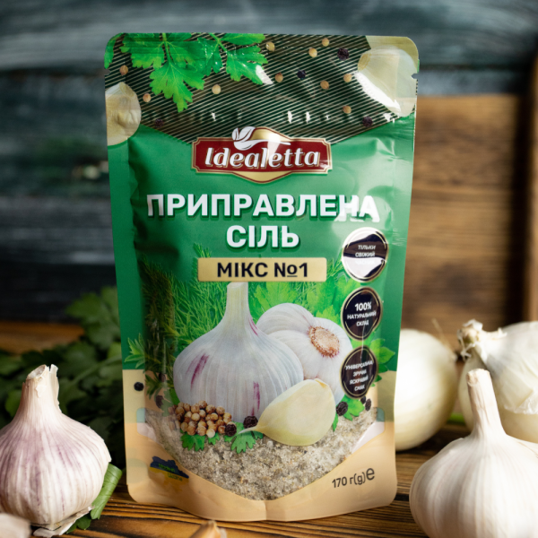 Приправлена сіль Мікс №1 зі свіжим часником, чорним перцем та травами Idealetta  170 г х 3 шт