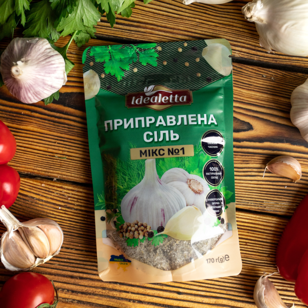 Приправлена сіль Мікс №1 зі свіжим часником, чорним перцем та травами Idealetta  170 г х 3 шт