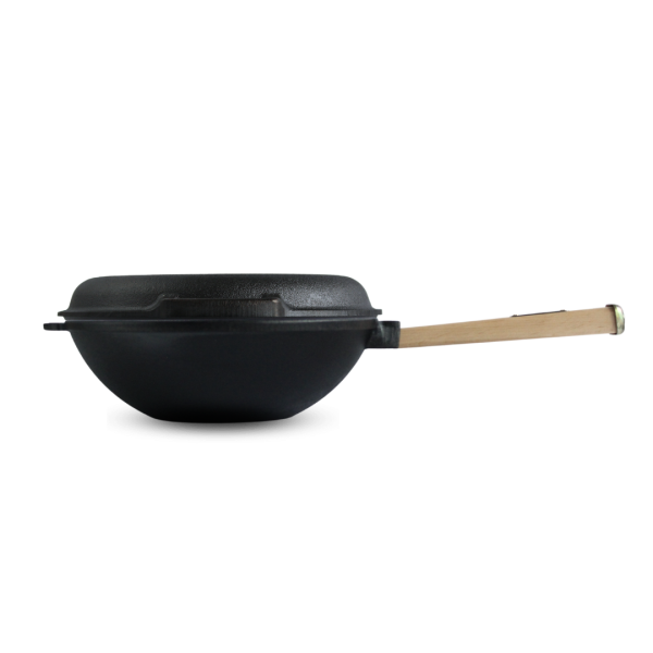 Сковорода чугунная с деревянной ручкой и чугунной крышкой-сковородой WOK 2,2 л