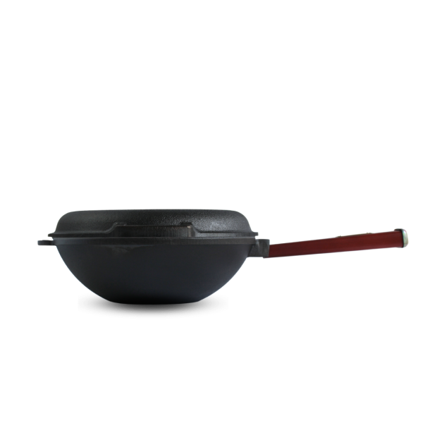 Сковорода чугунная с деревянной ручкой Бордо и чугунной крышкой-сковородой WOK 2,2 л