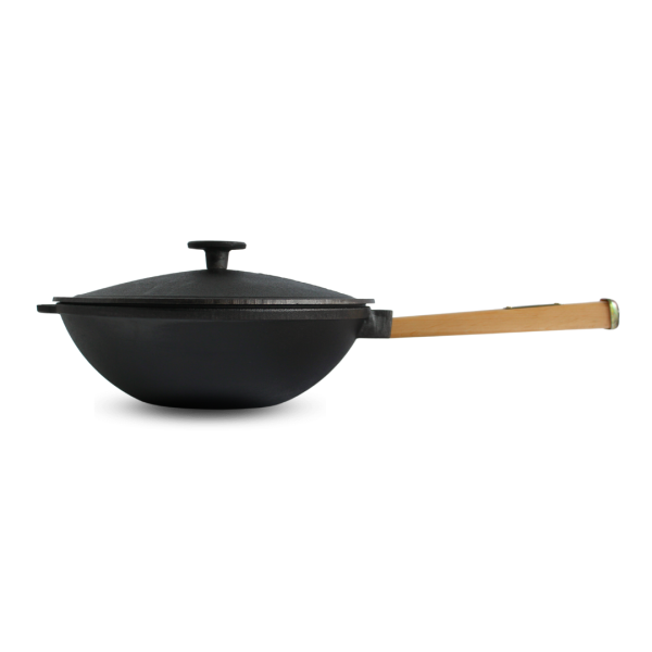 Сковорода чугунная с деревянной ручкой и чугунной й крышкой WOK 2,8 л