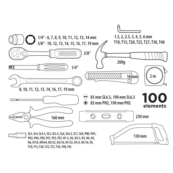 Набор инструмента 1/4”, 3/8”, 100 шт. TOP TOOLS