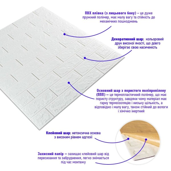 3D панель самоклеюча 690х780х5мм цегла Білий (001-5) SW-00000029